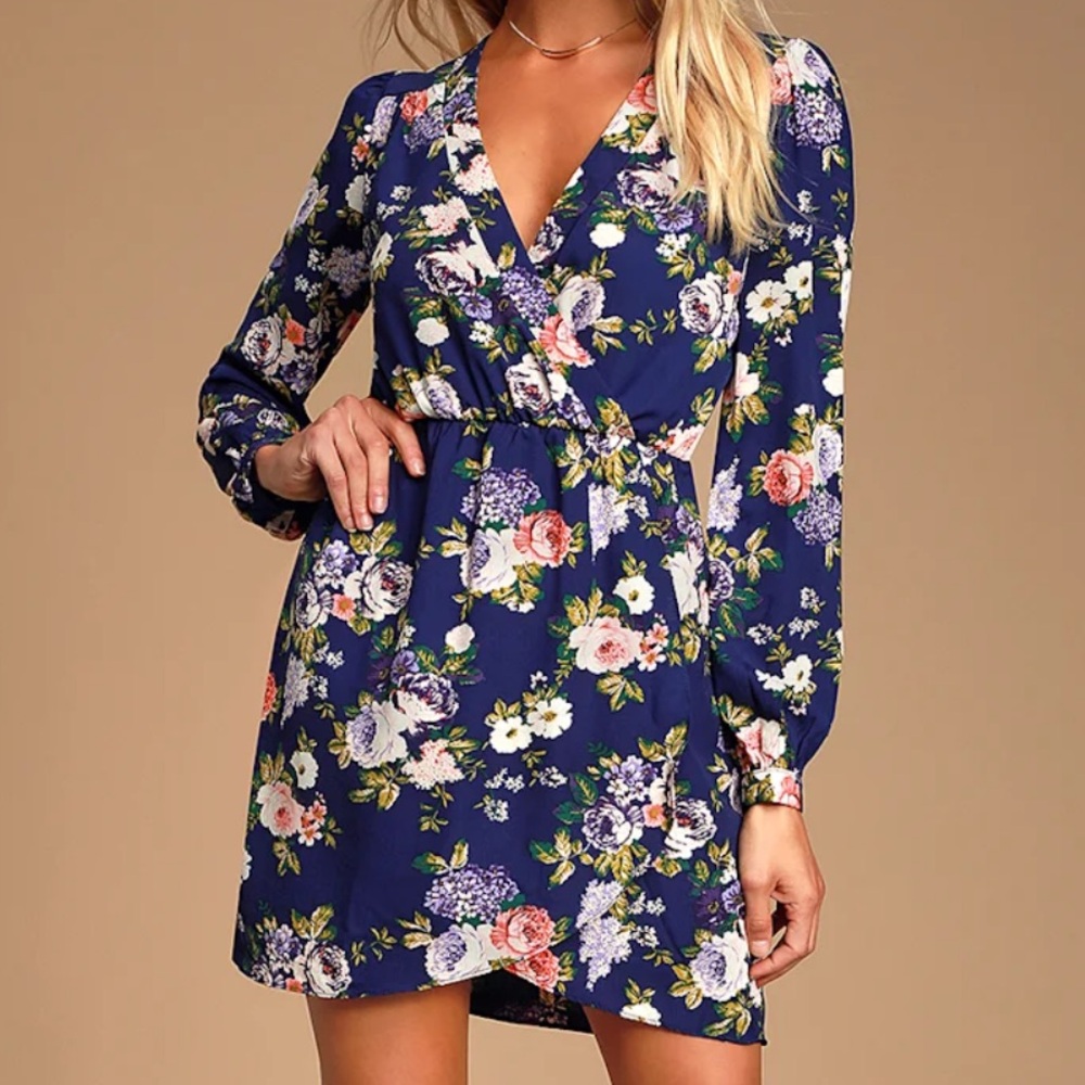 Lulu's Thats a Wrap Navy Floral Faux Long Sleeve Dress Extra Small NWT New